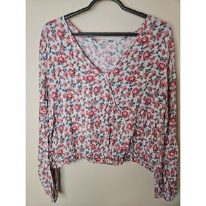 Loft Blouse Women Medium Pink Blue Floral Elastic Waist Puff Sleeve V Neck Back